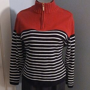 Karen Scott Red and Black Striped Turtleneck Sweater